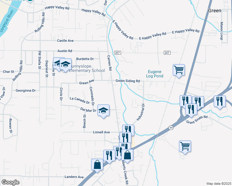 map of restaurants, bars, coffee shops, grocery stores, and more near 4283 Carnes Road in Roseburg
