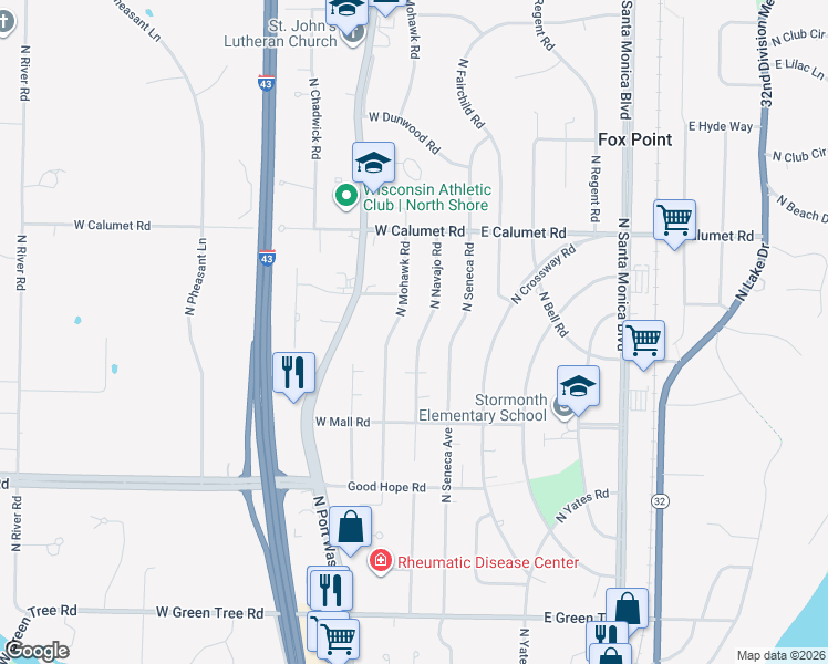 map of restaurants, bars, coffee shops, grocery stores, and more near 7431 North Navajo Road in Fox Point