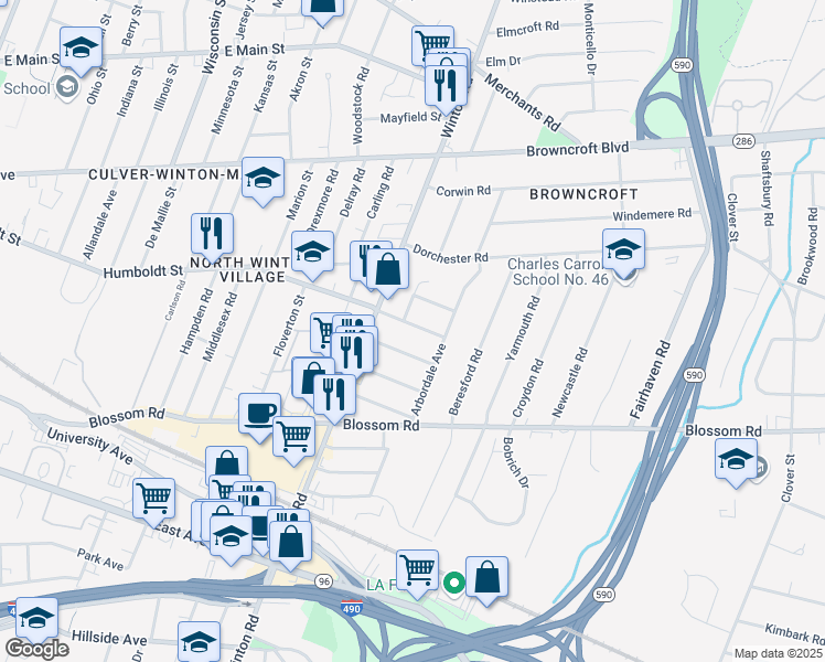 map of restaurants, bars, coffee shops, grocery stores, and more near 49 Juniper Street in Rochester