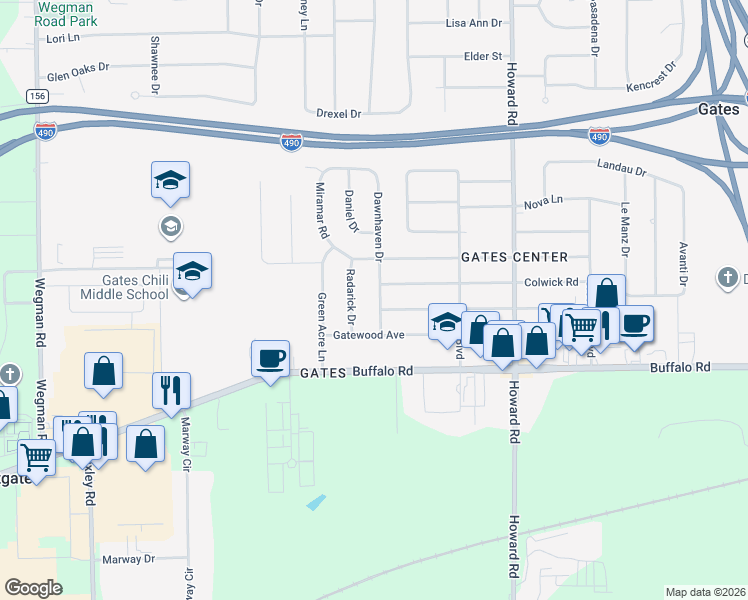 map of restaurants, bars, coffee shops, grocery stores, and more near 9 Dawnhaven Drive in Rochester