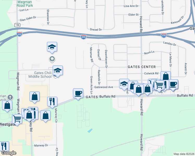 map of restaurants, bars, coffee shops, grocery stores, and more near 9 Radarick Drive in Rochester