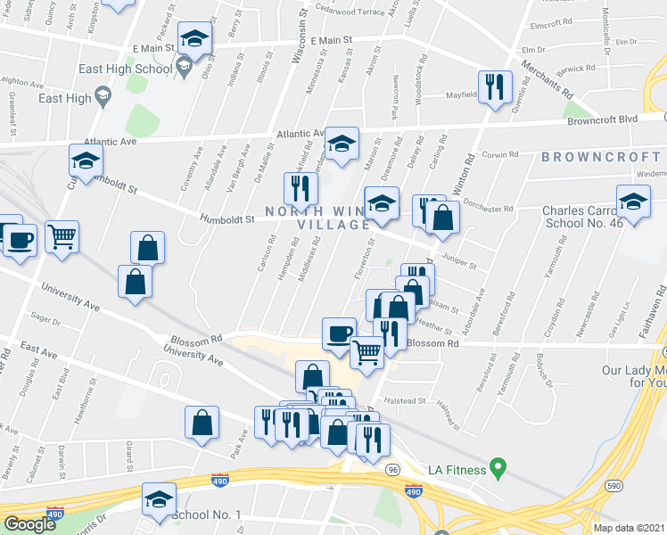 map of restaurants, bars, coffee shops, grocery stores, and more near 138 Marion Street in Rochester