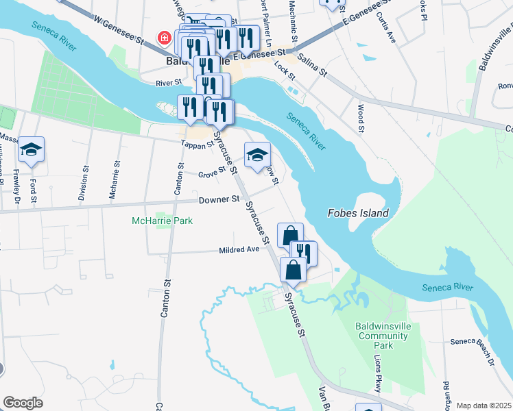 map of restaurants, bars, coffee shops, grocery stores, and more near 61 Syracuse Street in Baldwinsville