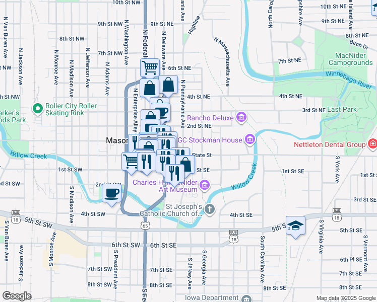 map of restaurants, bars, coffee shops, grocery stores, and more near 208 East State Street in Mason City