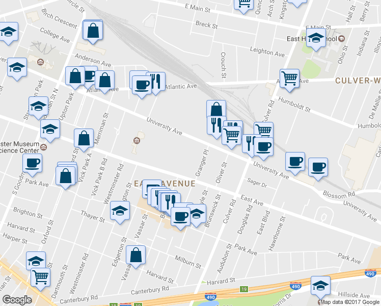 map of restaurants, bars, coffee shops, grocery stores, and more near 1035 University Avenue in Rochester