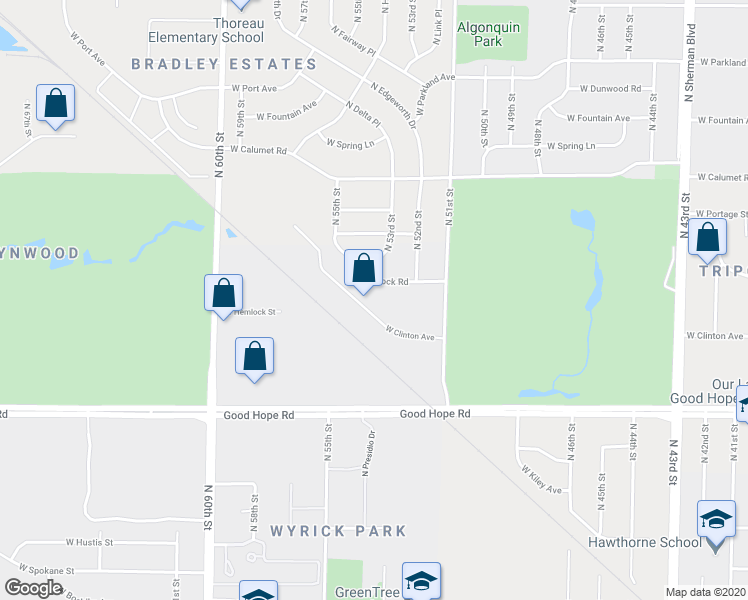 map of restaurants, bars, coffee shops, grocery stores, and more near 5270 West Clinton Avenue in Milwaukee