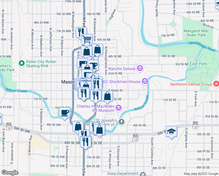 map of restaurants, bars, coffee shops, grocery stores, and more near 208 East State Street in Mason City
