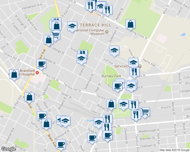 map of restaurants, bars, coffee shops, grocery stores, and more near 135 Sydenham Street in Brantford