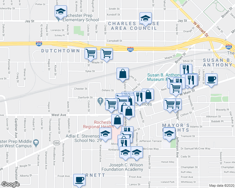 map of restaurants, bars, coffee shops, grocery stores, and more near 98 York Street in Rochester
