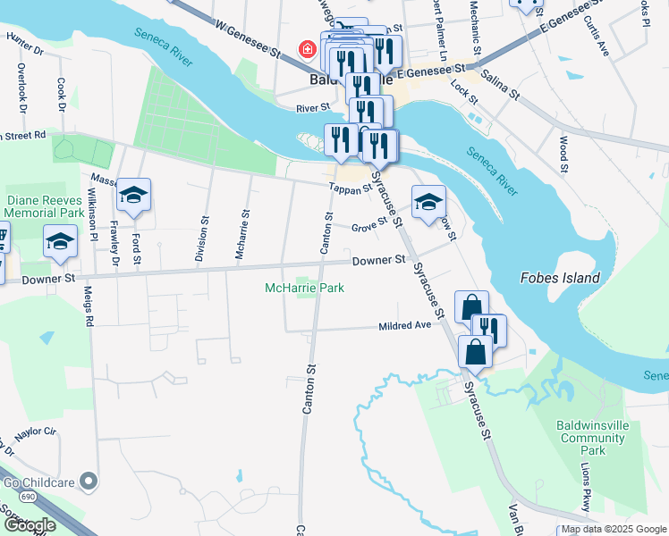 map of restaurants, bars, coffee shops, grocery stores, and more near 45 Downer Street in Baldwinsville