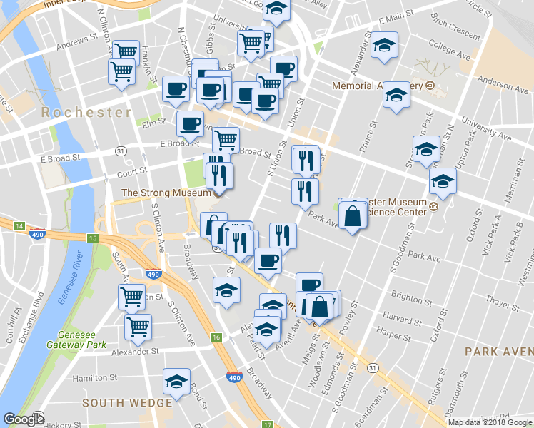 map of restaurants, bars, coffee shops, grocery stores, and more near 21 Buena Place in Rochester