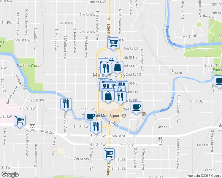 map of restaurants, bars, coffee shops, grocery stores, and more near 7 North Federal Avenue in Mason City