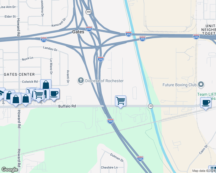 map of restaurants, bars, coffee shops, grocery stores, and more near 263 Dearcop Drive in Rochester