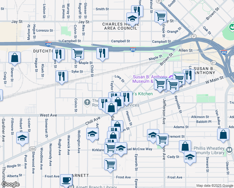 map of restaurants, bars, coffee shops, grocery stores, and more near 44 Essex Street in Rochester