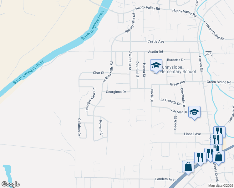 map of restaurants, bars, coffee shops, grocery stores, and more near 219 Georginna Drive in Roseburg