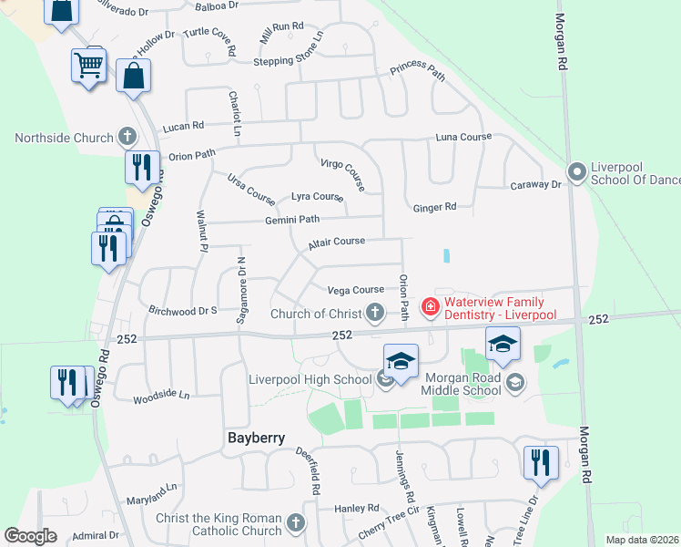 map of restaurants, bars, coffee shops, grocery stores, and more near 4262 Aurora Path in Liverpool