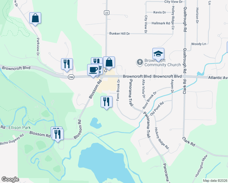 map of restaurants, bars, coffee shops, grocery stores, and more near 47 Farm Brook Drive in Rochester