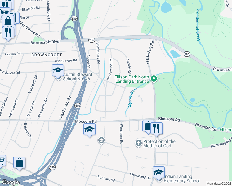 map of restaurants, bars, coffee shops, grocery stores, and more near 190 Coniston Drive in Rochester