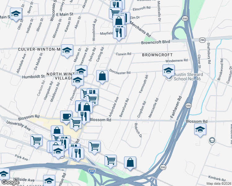 map of restaurants, bars, coffee shops, grocery stores, and more near 140 Arbordale Avenue in Rochester