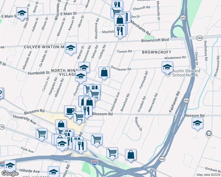 map of restaurants, bars, coffee shops, grocery stores, and more near 49 Juniper Street in Rochester