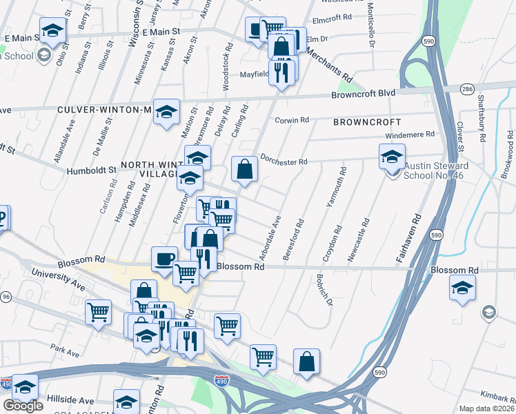 map of restaurants, bars, coffee shops, grocery stores, and more near 49 Juniper Street in Rochester