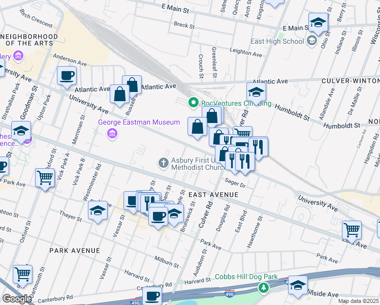 map of restaurants, bars, coffee shops, grocery stores, and more near 12 Granger Place in Rochester