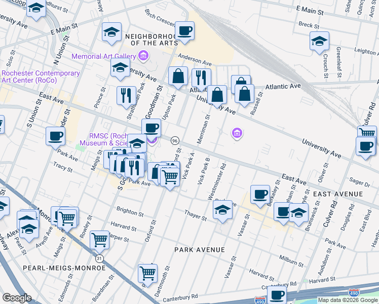 map of restaurants, bars, coffee shops, grocery stores, and more near 10 Vick Park A in Rochester