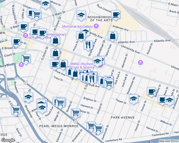 map of restaurants, bars, coffee shops, grocery stores, and more near 15 Goodman Street North in Rochester