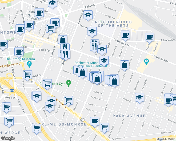 map of restaurants, bars, coffee shops, grocery stores, and more near 14 Arnold Park in Rochester