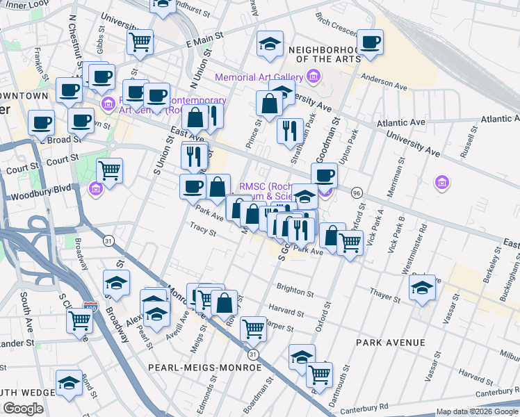map of restaurants, bars, coffee shops, grocery stores, and more near 105 Meigs Street in Rochester