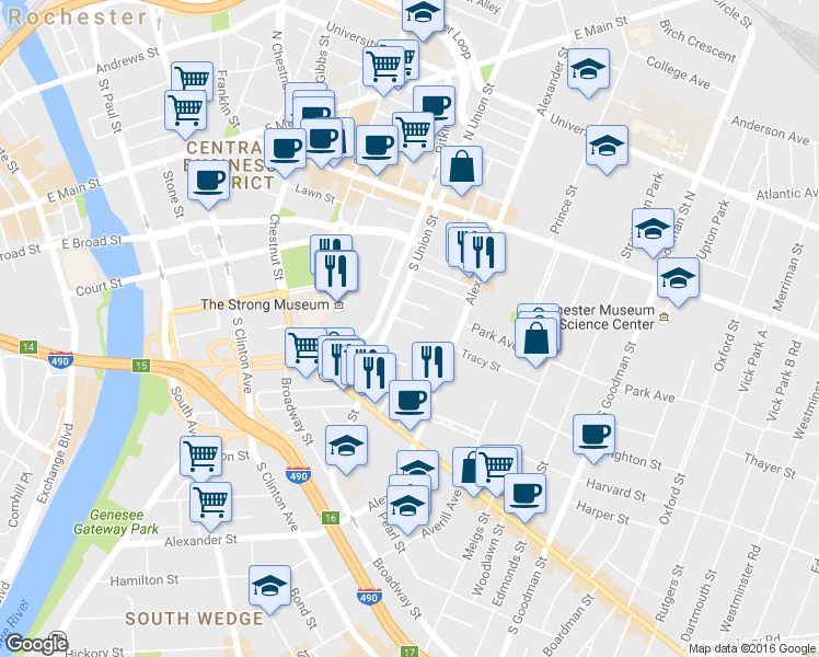 map of restaurants, bars, coffee shops, grocery stores, and more near 21 Buena Place in Rochester