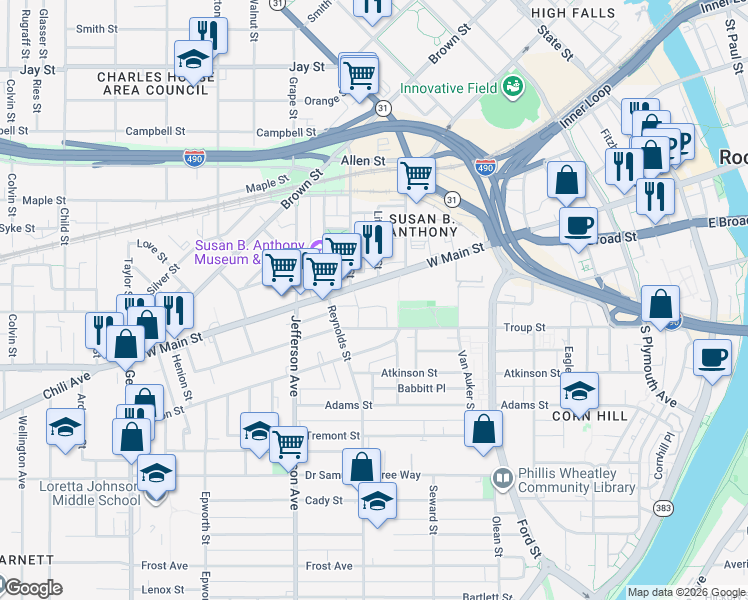 map of restaurants, bars, coffee shops, grocery stores, and more near 18 Cunningham Street in Rochester