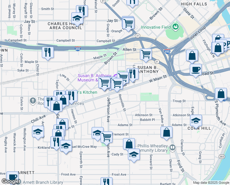 map of restaurants, bars, coffee shops, grocery stores, and more near 567 West Main Street in Rochester