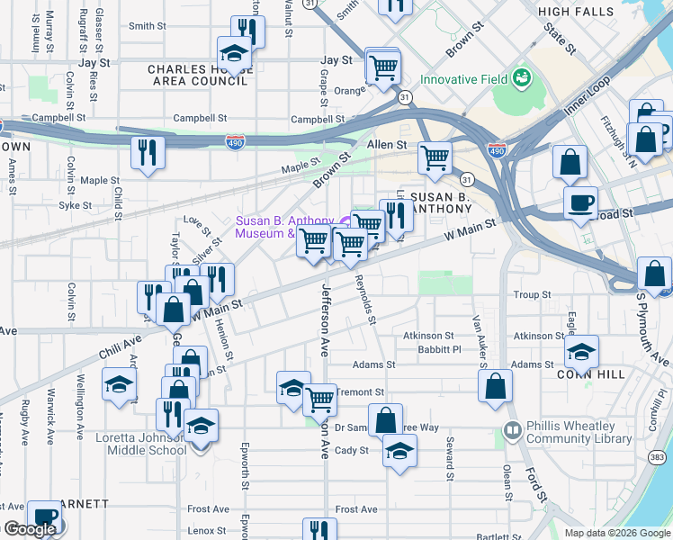 map of restaurants, bars, coffee shops, grocery stores, and more near 567 West Main Street in Rochester