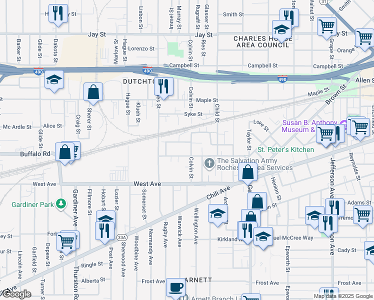 map of restaurants, bars, coffee shops, grocery stores, and more near 81 Colvin Street in Rochester