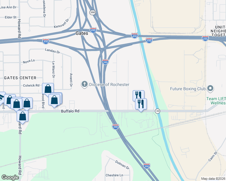 map of restaurants, bars, coffee shops, grocery stores, and more near 263 Dearcop Drive in Rochester