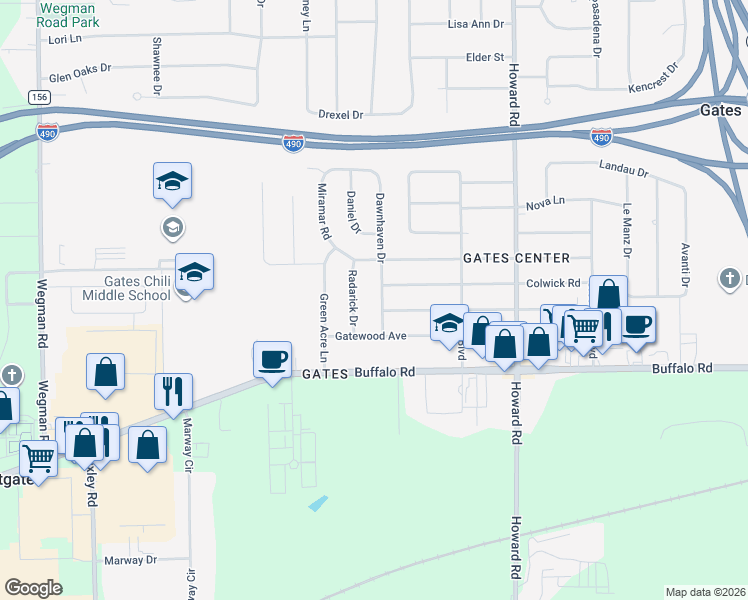 map of restaurants, bars, coffee shops, grocery stores, and more near 9 Dawnhaven Drive in Rochester