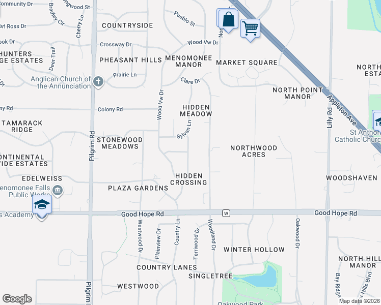 map of restaurants, bars, coffee shops, grocery stores, and more near N74W14978 Hidden Way Drive in Menomonee Falls