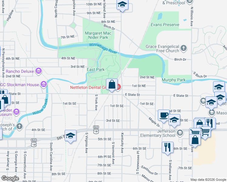 map of restaurants, bars, coffee shops, grocery stores, and more near 843-899 East State Street in Mason City