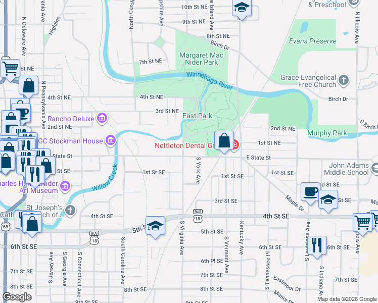 map of restaurants, bars, coffee shops, grocery stores, and more near 8 South Virginia Avenue in Mason City