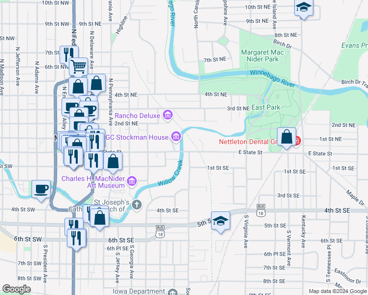 map of restaurants, bars, coffee shops, grocery stores, and more near in Mason City