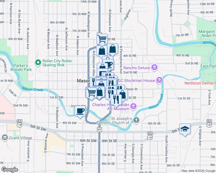 map of restaurants, bars, coffee shops, grocery stores, and more near 2-12 N Delaware Ave in Mason City
