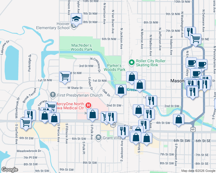 map of restaurants, bars, coffee shops, grocery stores, and more near 48-98 Crescent Dr in Mason City