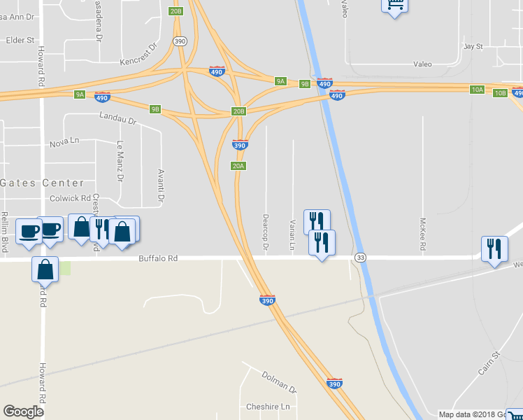 map of restaurants, bars, coffee shops, grocery stores, and more near 263 Dearcop Drive in Rochester