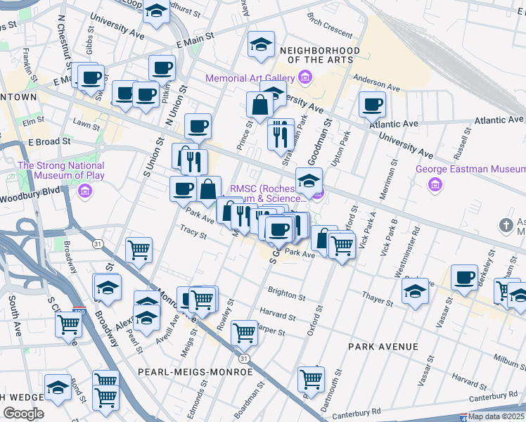 map of restaurants, bars, coffee shops, grocery stores, and more near 14 Arnold Park in Rochester