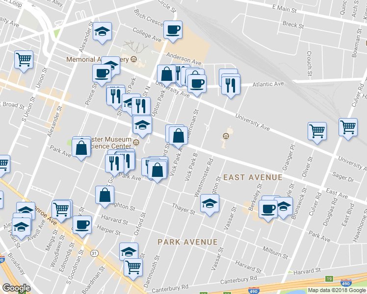 map of restaurants, bars, coffee shops, grocery stores, and more near 11 Vick Park A in Rochester