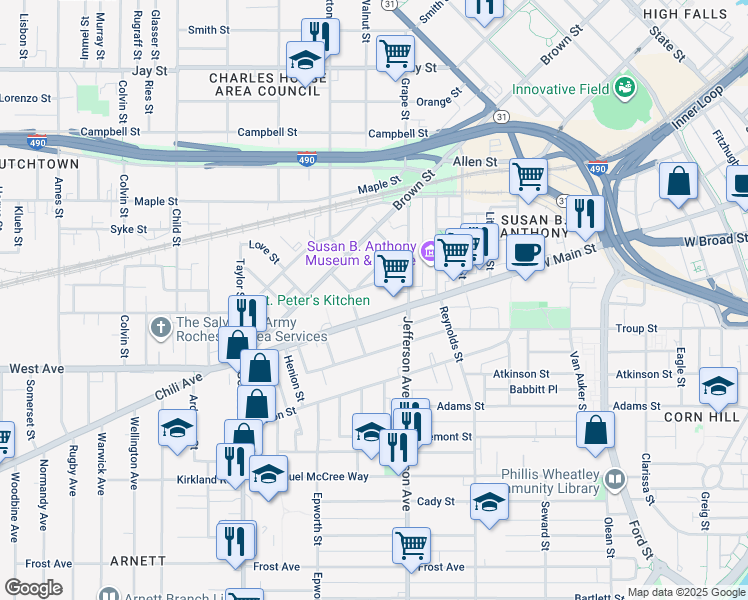 map of restaurants, bars, coffee shops, grocery stores, and more near 6 Wentworth Street in Rochester