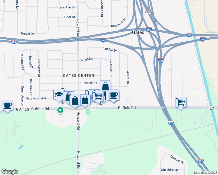 map of restaurants, bars, coffee shops, grocery stores, and more near 7 Avanti Drive in Rochester