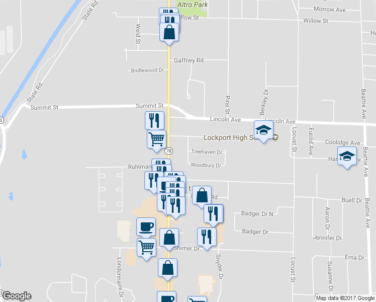 map of restaurants, bars, coffee shops, grocery stores, and more near 13 Woodbury Drive in Lockport
