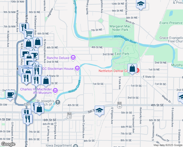 map of restaurants, bars, coffee shops, grocery stores, and more near 630 East State Street in Mason City